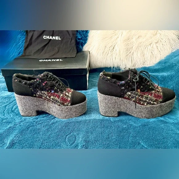 CHANEL 2013 platform plaid tweed loafers / shoes Luxury size EU 38 / US 7.5 - Picture 14 of 17